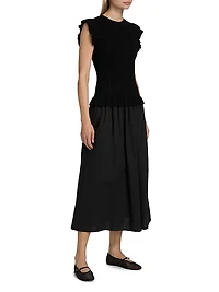 Deirdre Ruffled Mixed-Media Midi-Dress