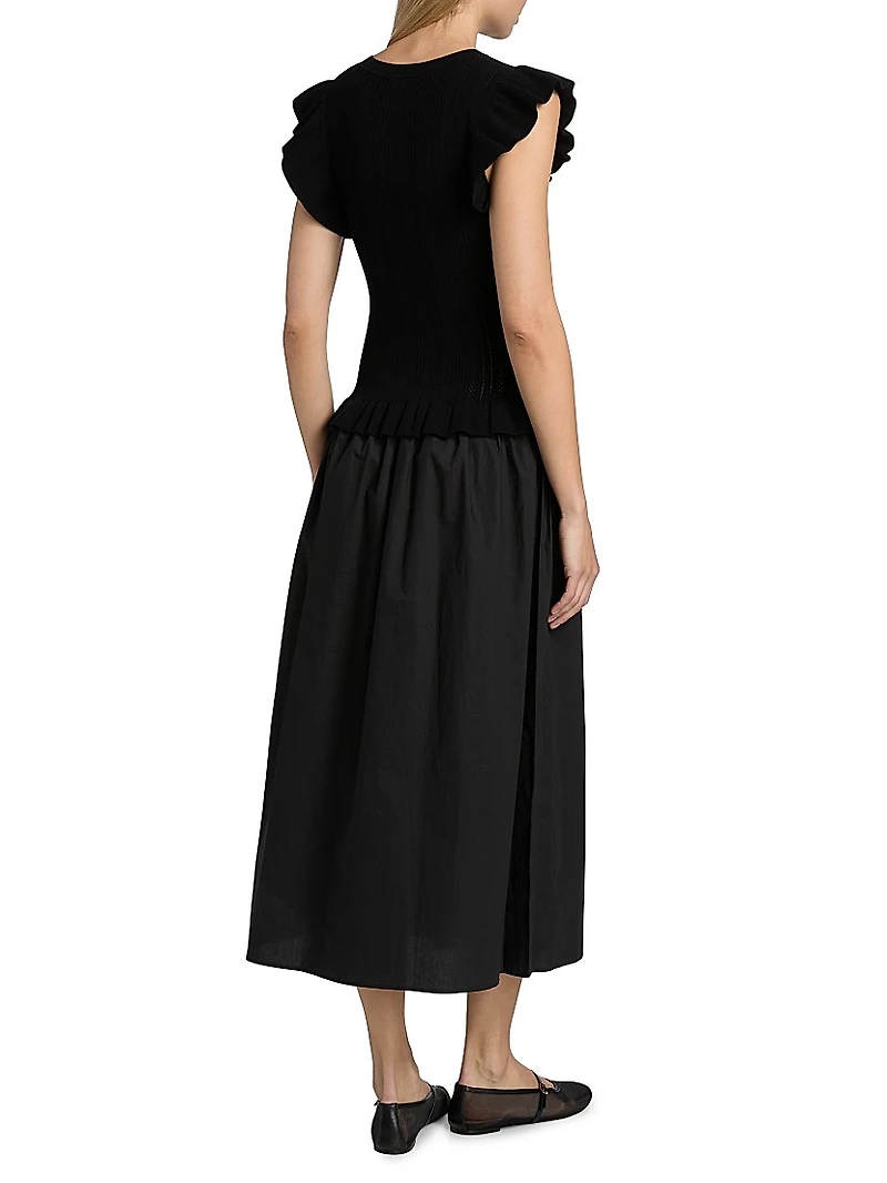 Deirdre Ruffled Mixed-Media Midi-Dress