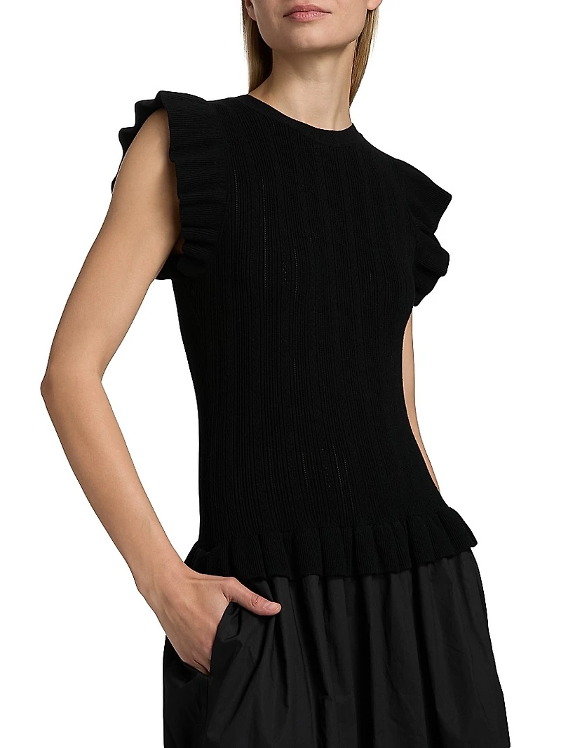Deirdre Ruffled Mixed-Media Midi-Dress