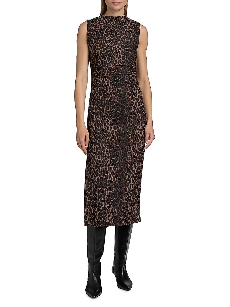 Rebecca Leopard Print Ruched Midi-Dress