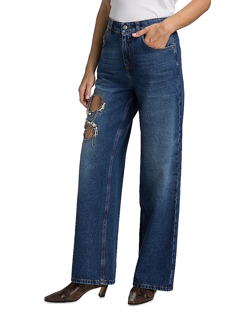Crystal Chain Cut-Out Relaxed Jeans