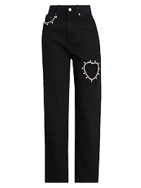 Crystal Heart Embellished Straight Jeans