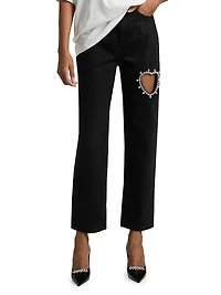Crystal Heart Embellished Straight Jeans