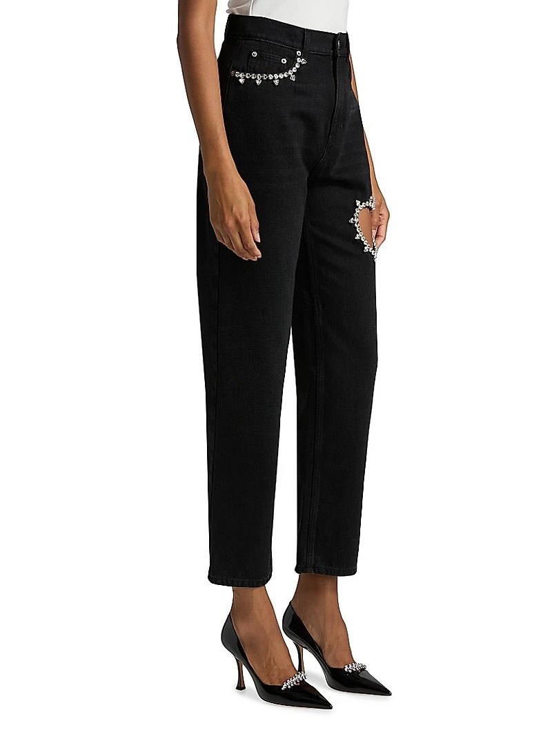 Crystal Heart Embellished Straight Jeans
