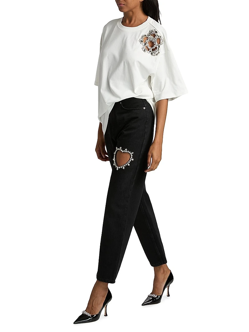 Crystal Heart Embellished Straight Jeans