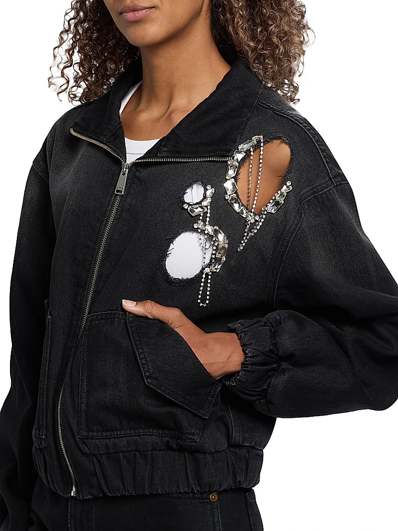 Crystal-Embellished Cut-Out Denim Bomber Jacket
