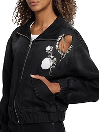 Crystal-Embellished Cut-Out Denim Bomber Jacket