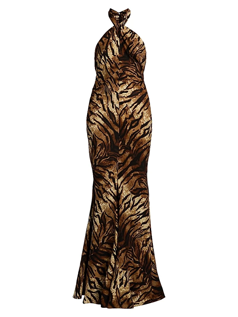 Affina Zebra Print Silk Halterneck Dress