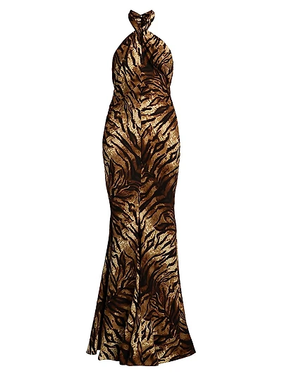 Affina Zebra Print Silk Halterneck Dress