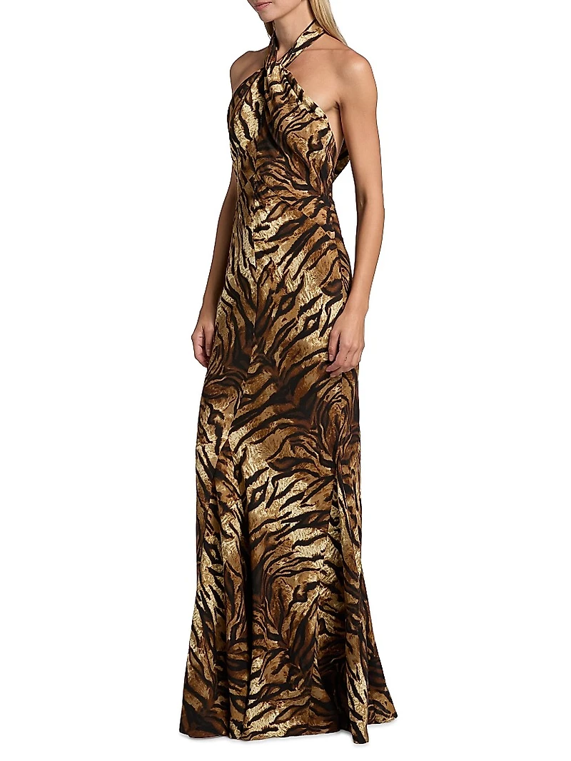Affina Zebra Print Silk Halterneck Dress