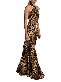 Affina Zebra Print Silk Halterneck Dress