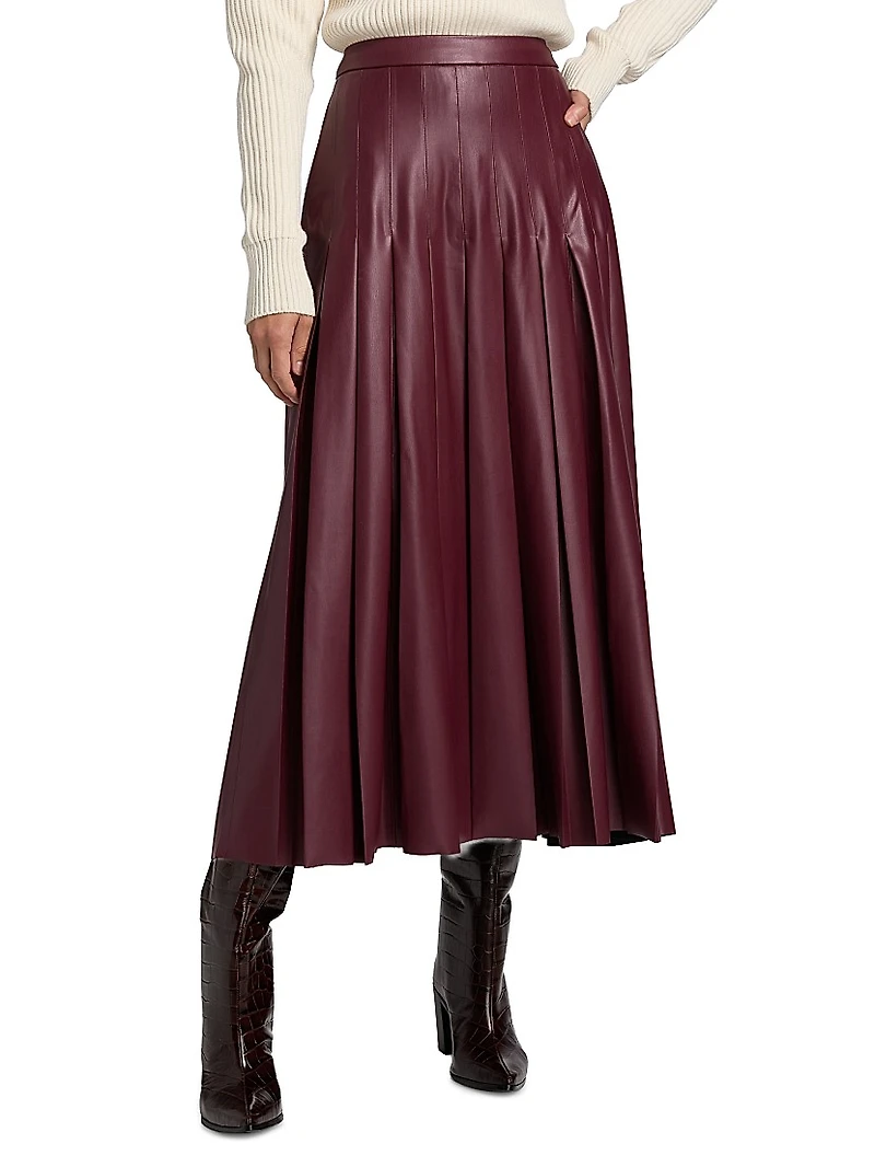 Arlette Faux Leather Pleated Midi-Skirt