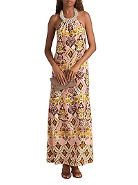 Aimee Cowrie Shell Halter Column Maxi Dress