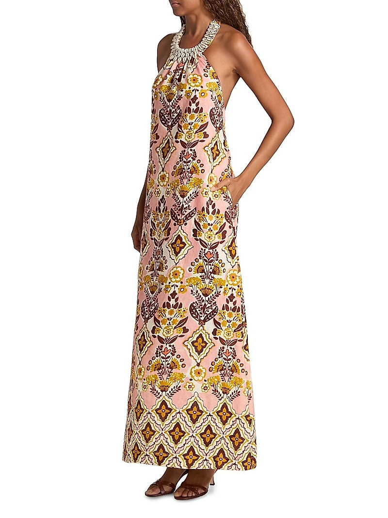 Aimee Cowrie Shell Halter Column Maxi Dress