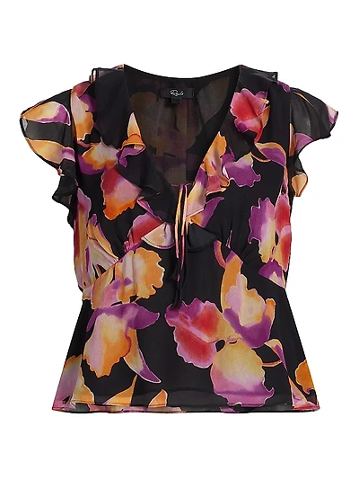 Carmine Ruffle-Trim Floral Top