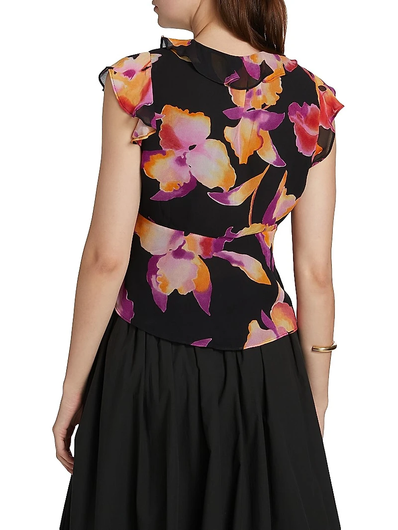 Carmine Ruffle-Trim Floral Top