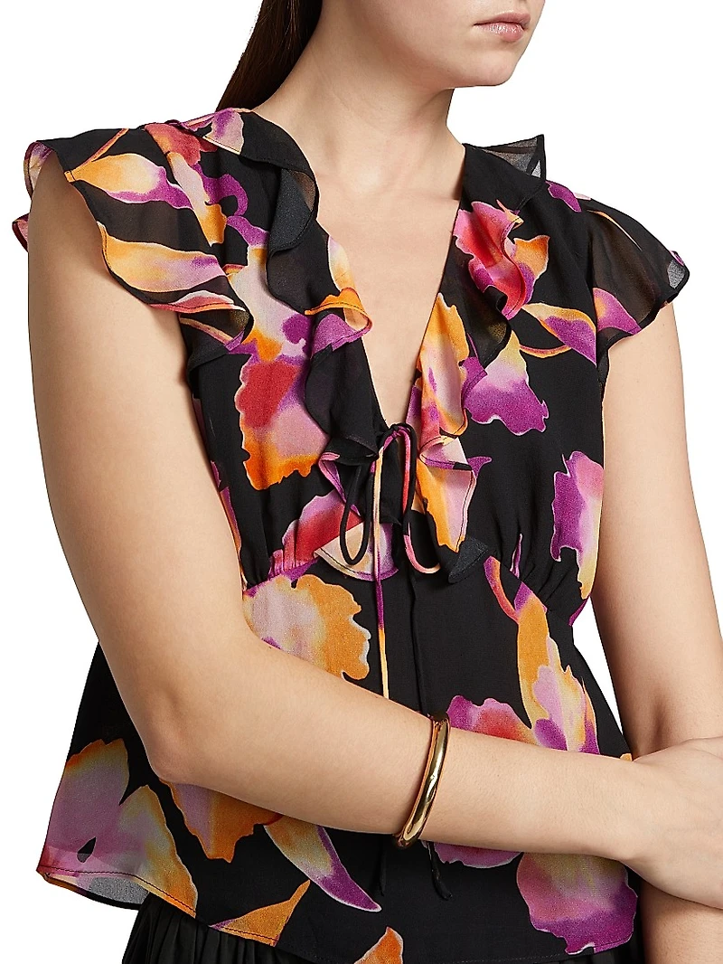 Carmine Ruffle-Trim Floral Top