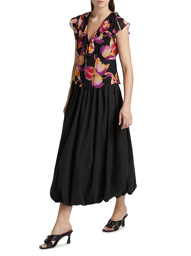 Carmine Ruffle-Trim Floral Top