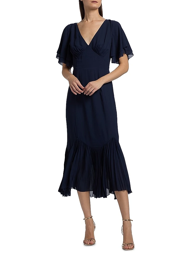 Salvia Pleated Ruffle Midi-Dress