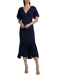 Salvia Pleated Ruffle Midi-Dress