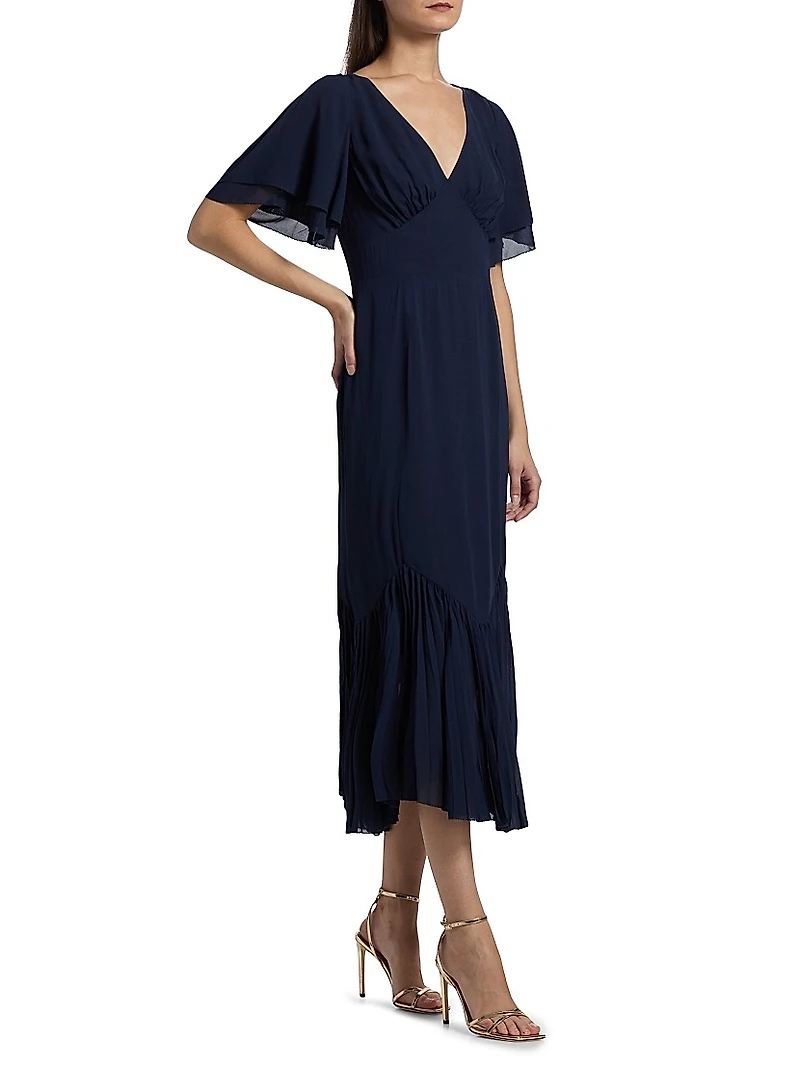 Salvia Pleated Ruffle Midi-Dress