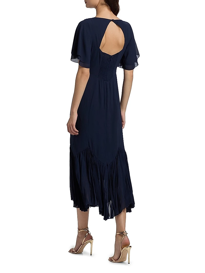 Salvia Pleated Ruffle Midi-Dress