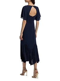 Salvia Pleated Ruffle Midi-Dress