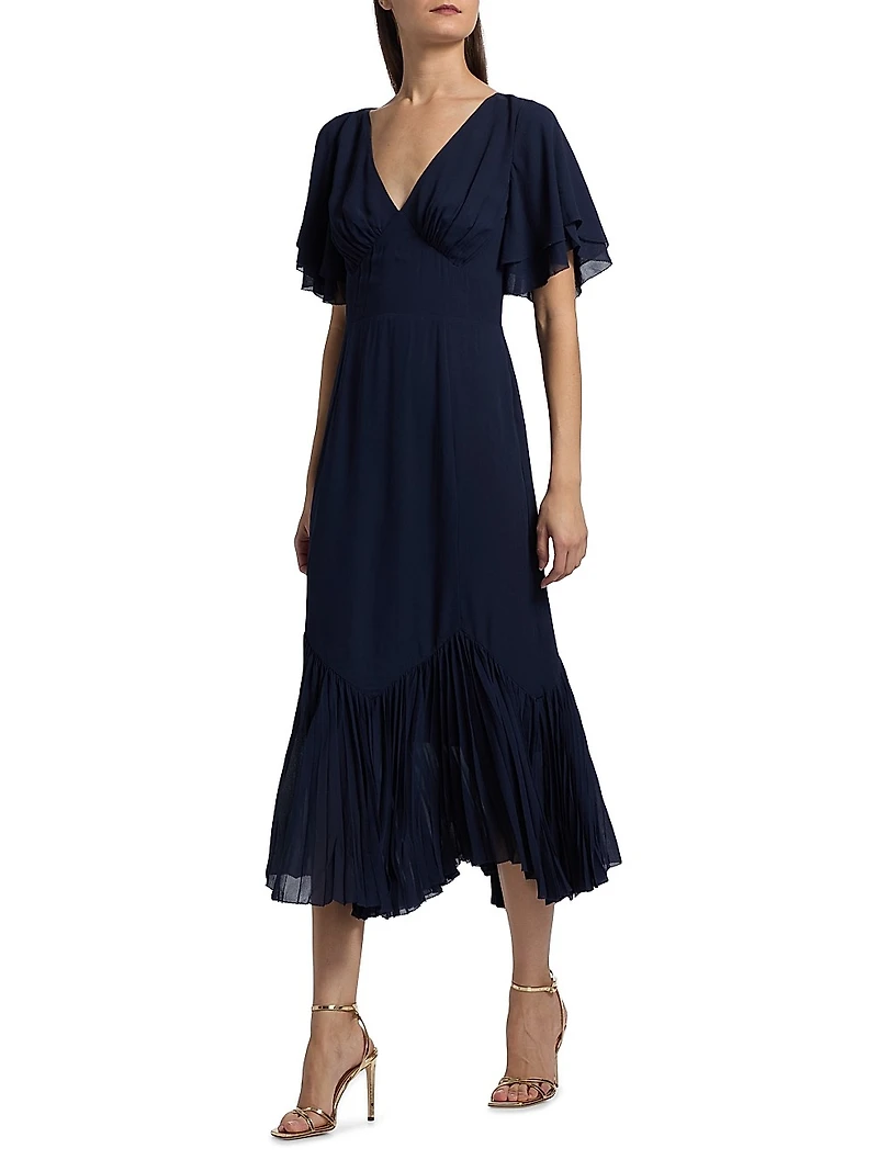 Salvia Pleated Ruffle Midi-Dress