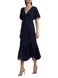 Salvia Pleated Ruffle Midi-Dress