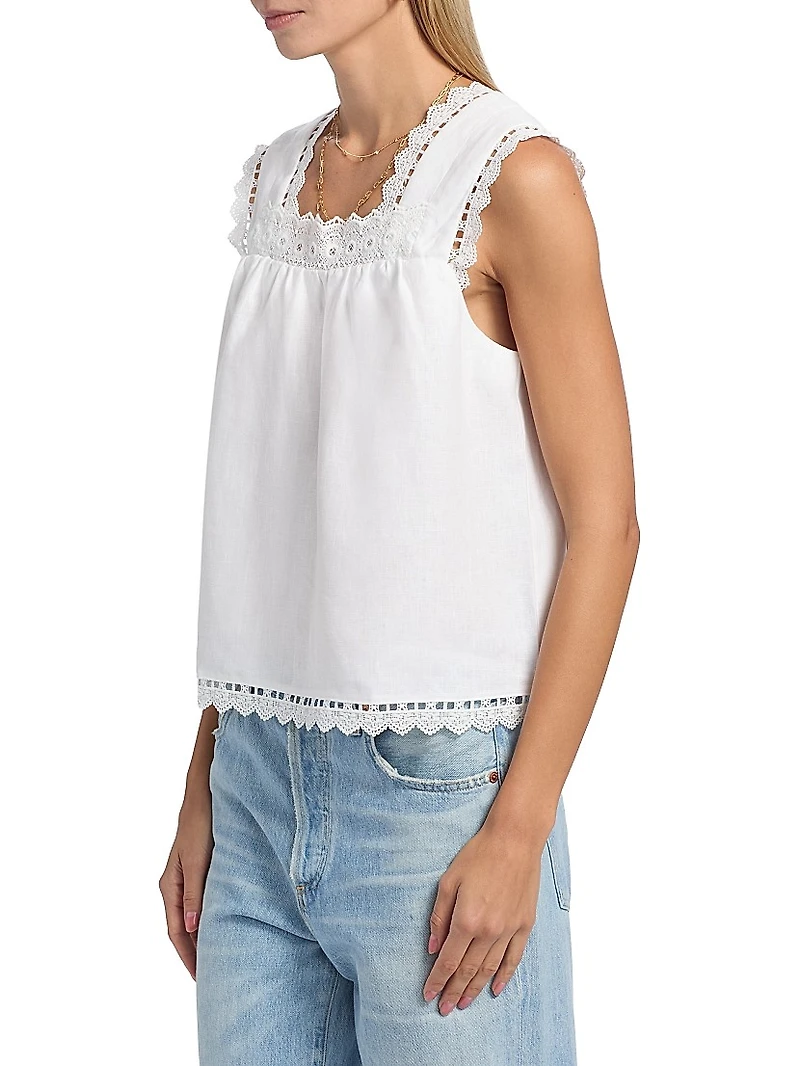 Faye Eyelet-Trim Linen Top