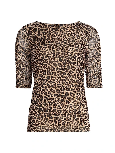 Leopard Ruched-Sleeve Mesh Top
