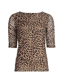 Leopard Ruched-Sleeve Mesh Top