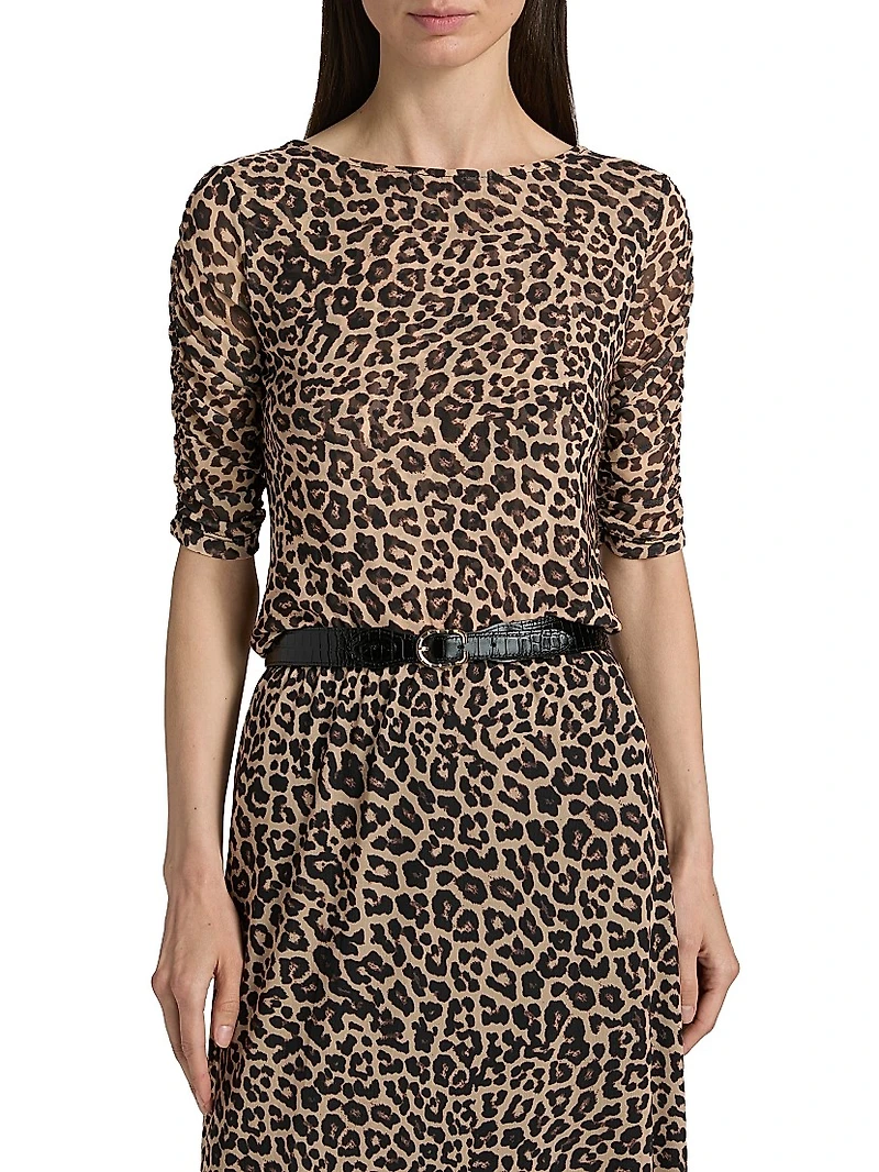 Leopard Ruched-Sleeve Mesh Top