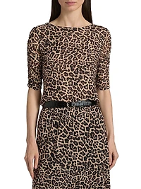Leopard Ruched-Sleeve Mesh Top