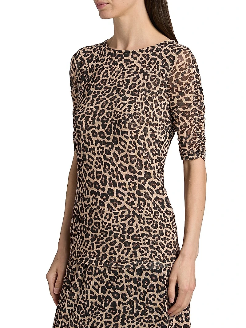 Leopard Ruched-Sleeve Mesh Top