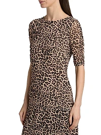 Leopard Ruched-Sleeve Mesh Top