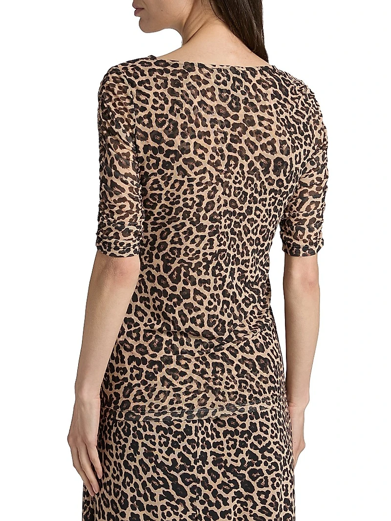 Leopard Ruched-Sleeve Mesh Top