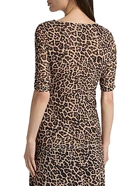 Leopard Ruched-Sleeve Mesh Top