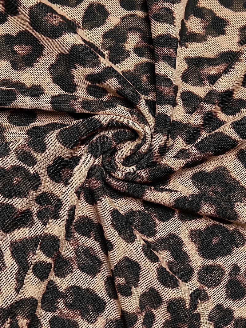 Leopard Ruched-Sleeve Mesh Top
