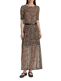 Leopard Ruched-Sleeve Mesh Top