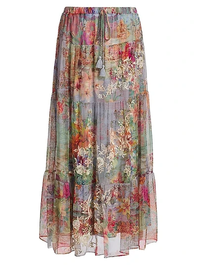 Katy Tiered Floral Mesh Midi-Skirt