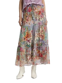Katy Tiered Floral Mesh Midi-Skirt