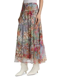 Katy Tiered Floral Mesh Midi-Skirt