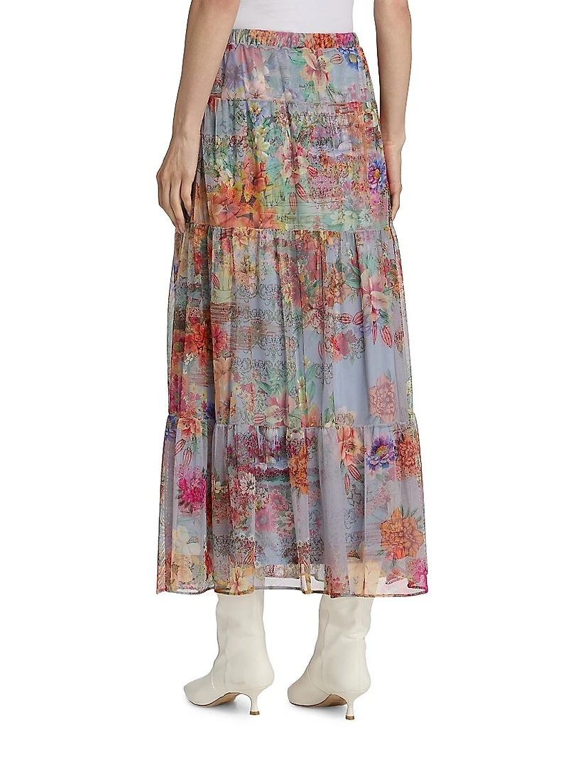 Katy Tiered Floral Mesh Midi-Skirt
