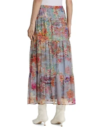 Katy Tiered Floral Mesh Midi-Skirt