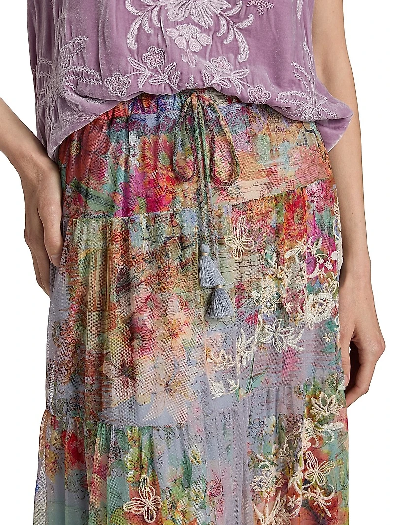 Katy Tiered Floral Mesh Midi-Skirt
