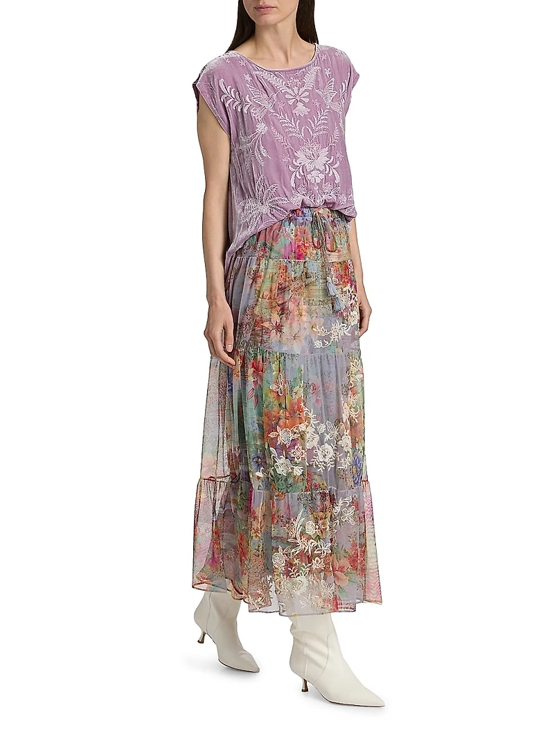 Katy Tiered Floral Mesh Midi-Skirt