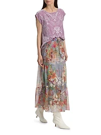 Katy Tiered Floral Mesh Midi-Skirt