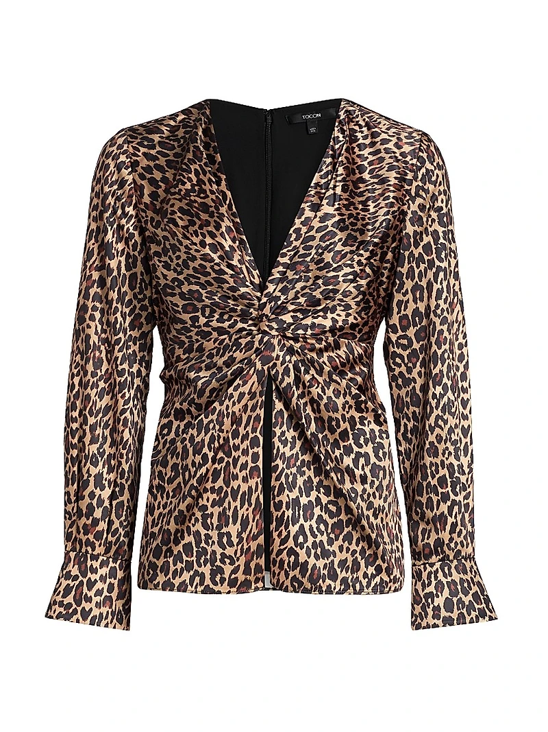 Lauren Leopard-Print Satin Twist-Front Blouse