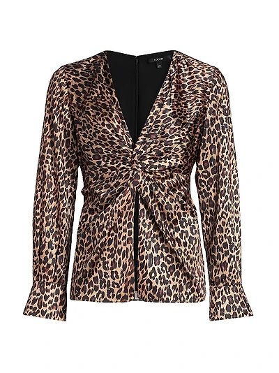 Lauren Leopard-Print Satin Twist-Front Blouse